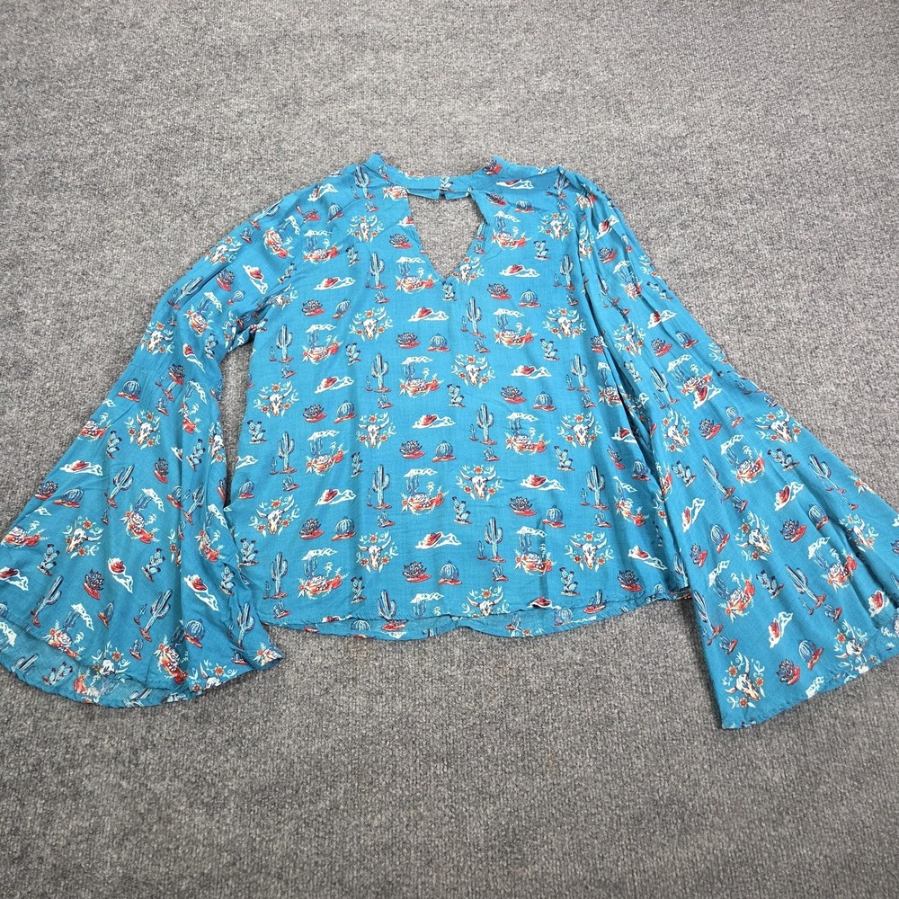 Roper Tunic Top Womens XL Blue Western Cactus Print Bell Sleeve Rayon Boho